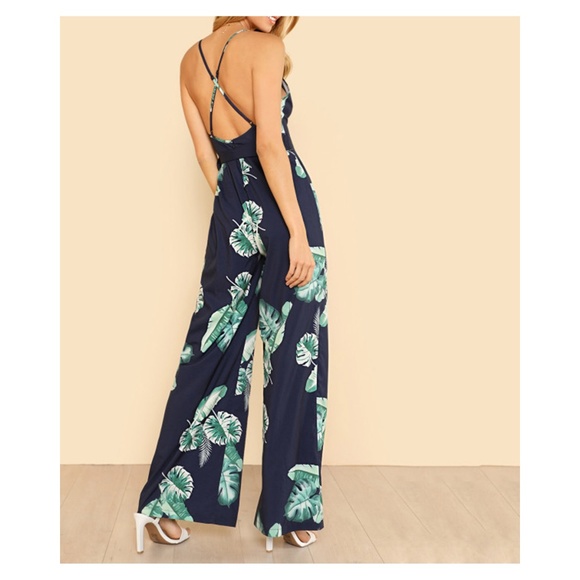 Blue Tropical Print Wide Leg Cami Jumpsuit - Picture 3 of 5